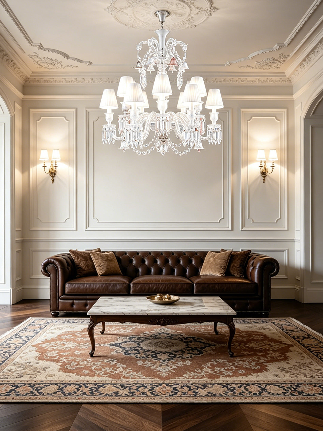 Pink accent crystal chandelier with fabric shade
