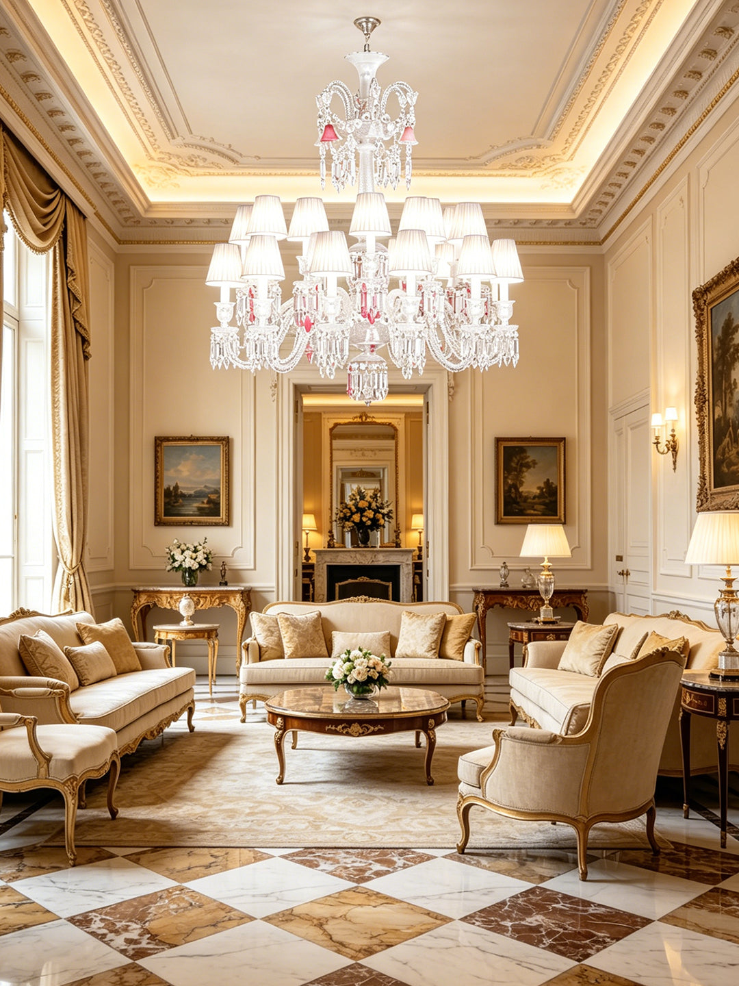 Pink accent crystal chandelier with fabric shade