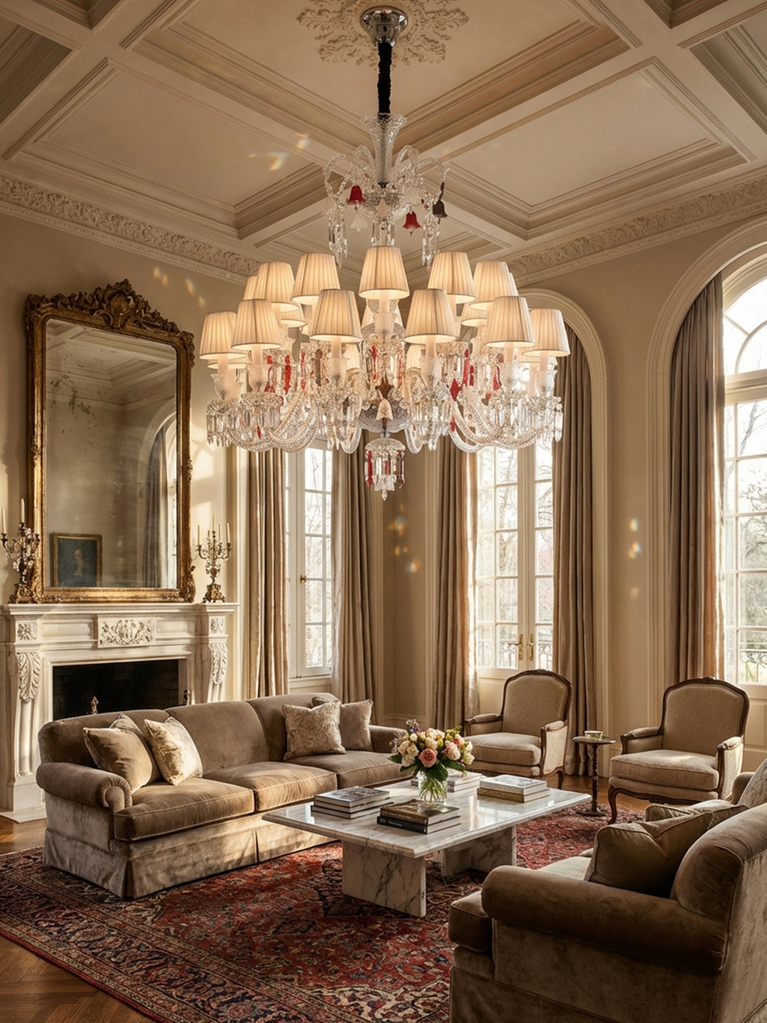 Pink accent crystal chandelier with fabric shade
