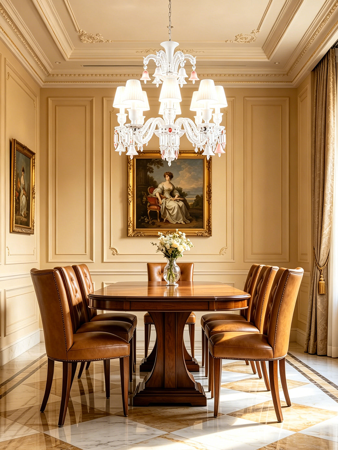 Pink accent crystal chandelier with fabric shade
