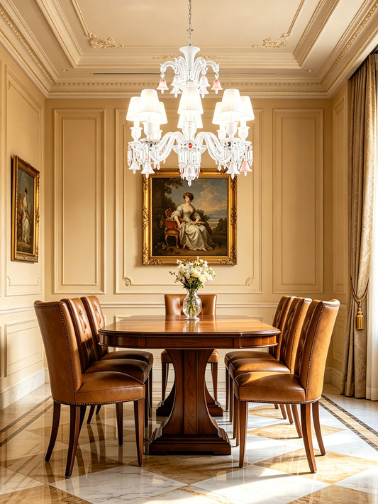 Pink accent crystal chandelier with fabric shade