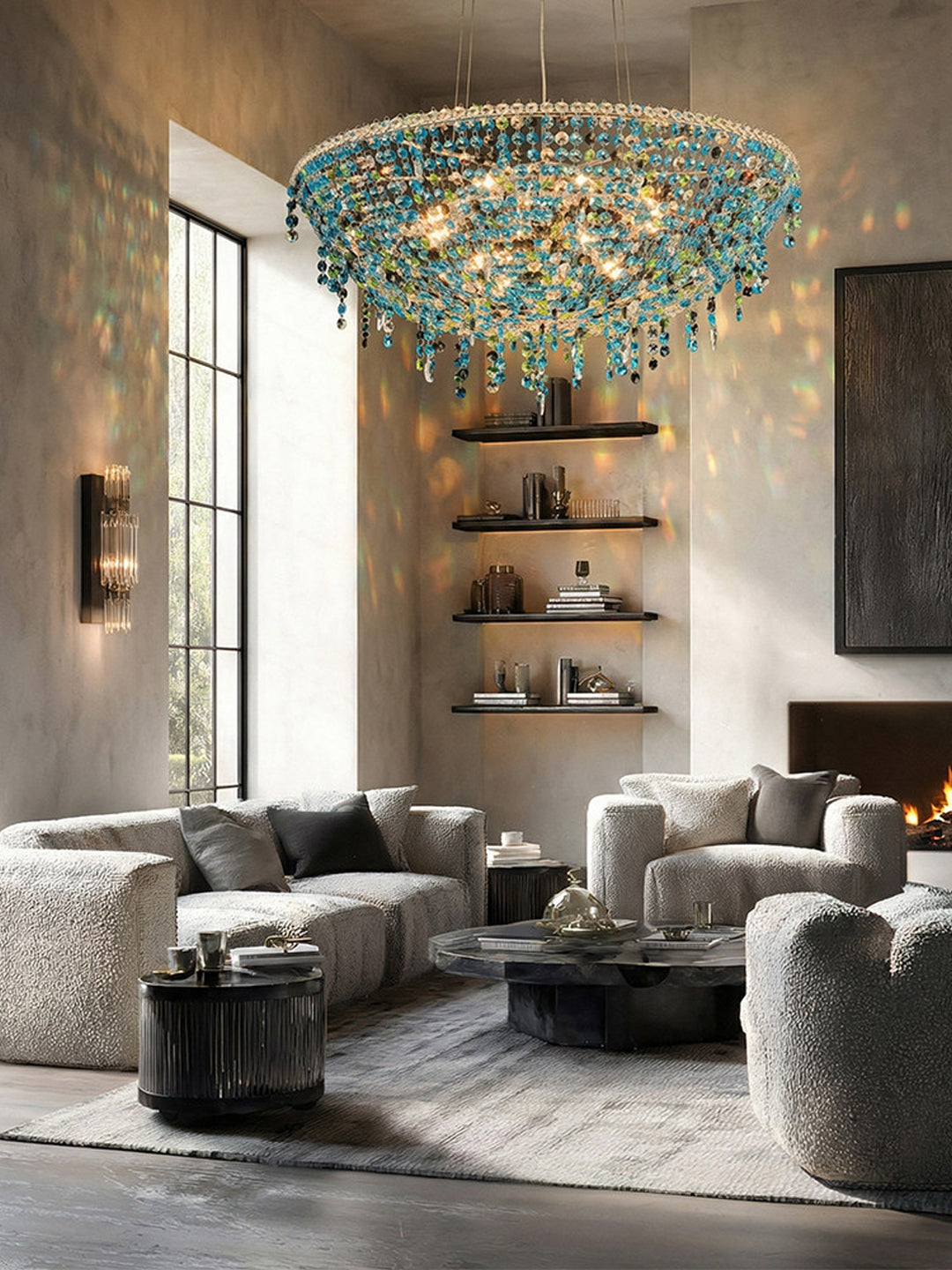 European Style Blue Beaded Bowl Chandelier