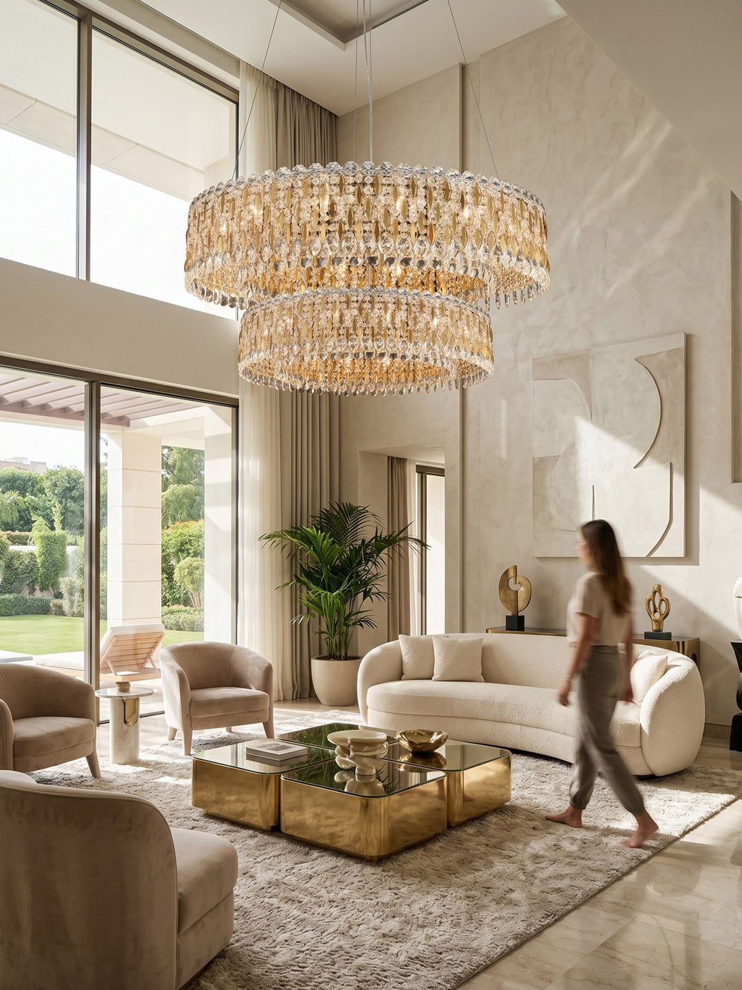 Two-Tier Gold Crystal Drum Chandelier