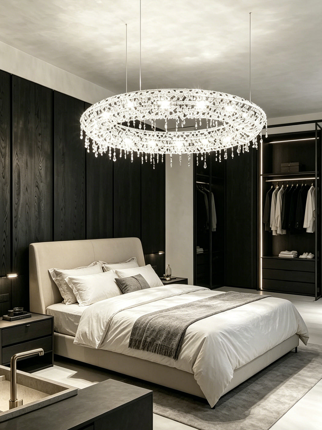 Modern Iridescent Crystal Ring Chandelier