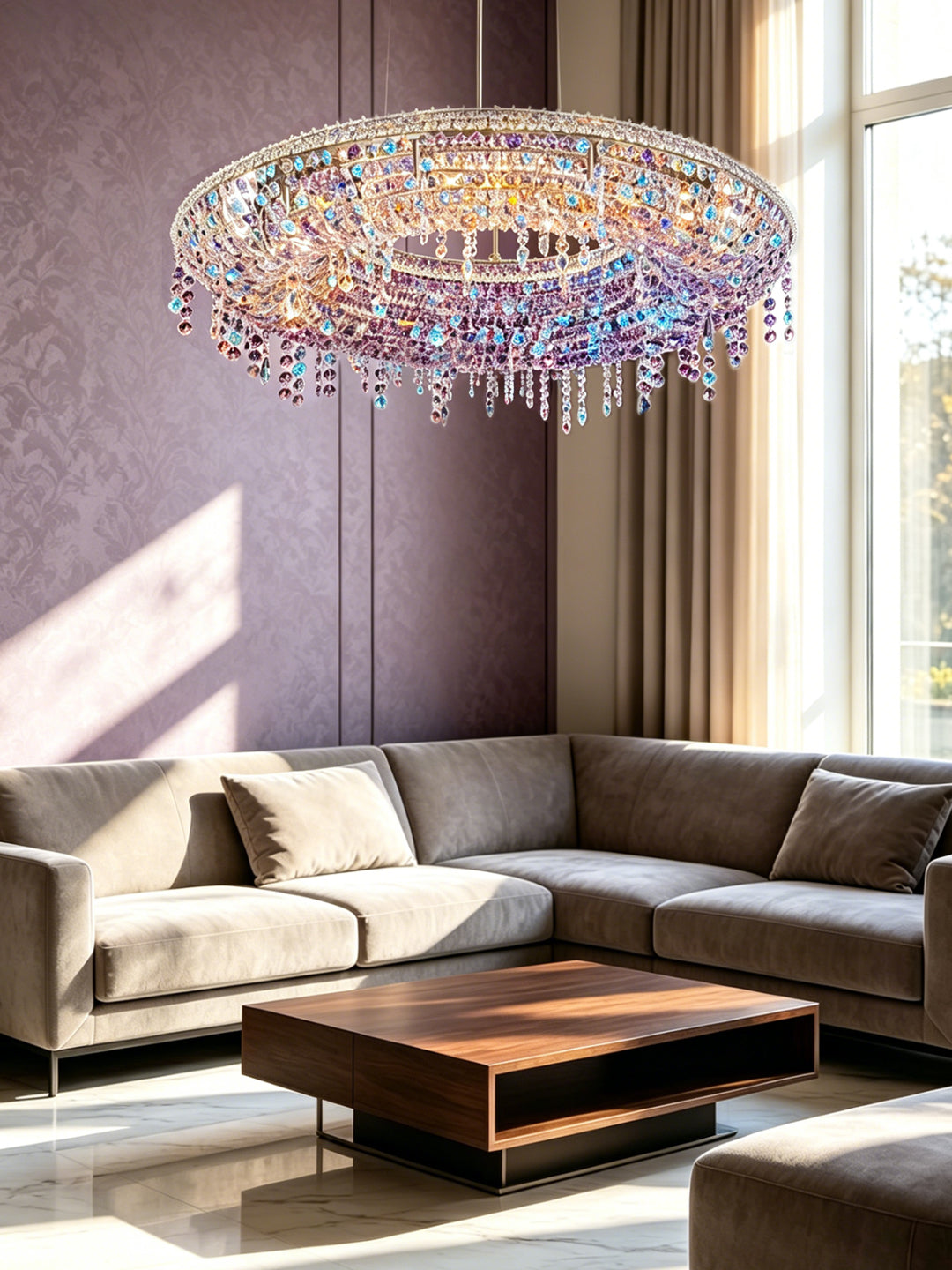 Modern Iridescent Crystal Ring Chandelier