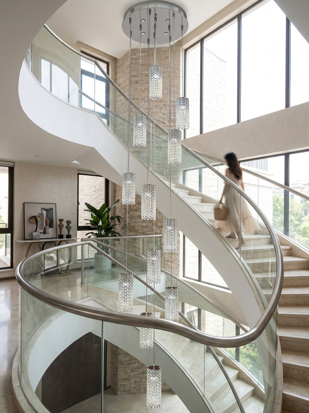 Multi-Tier Cylinder Crystal Staircase Chandelier