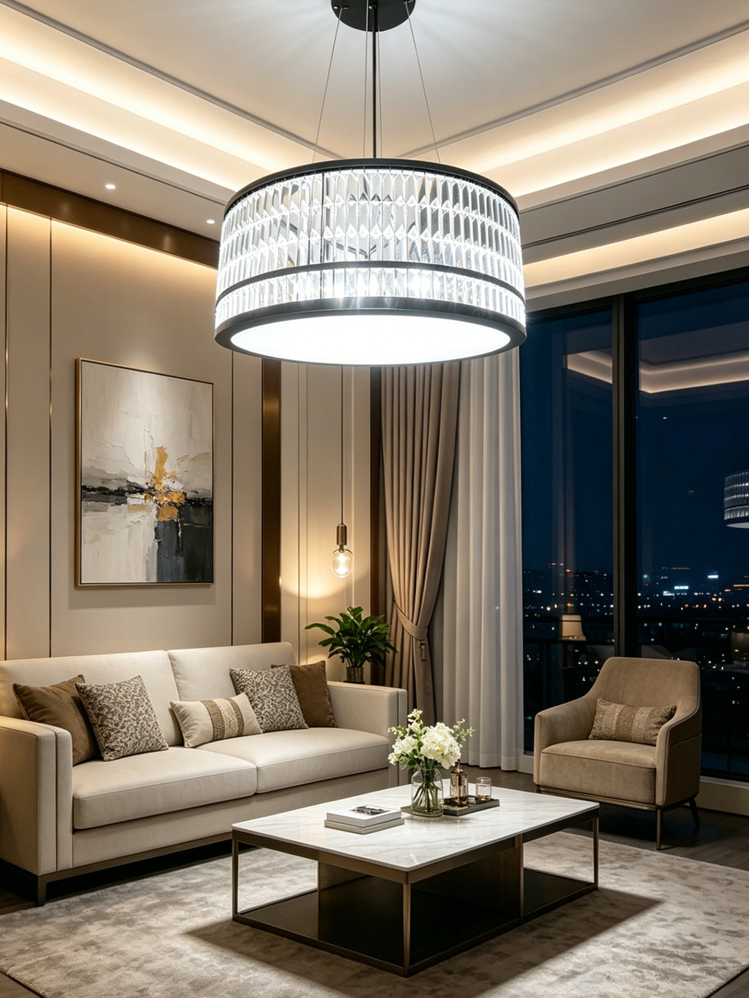 Black Frame Crystal Drum Pendant Light