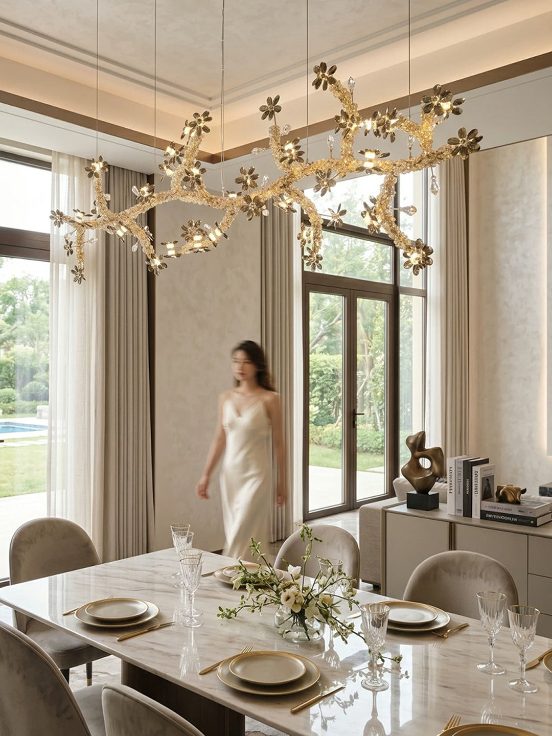 Long Gold Branch Floral Pendant Light